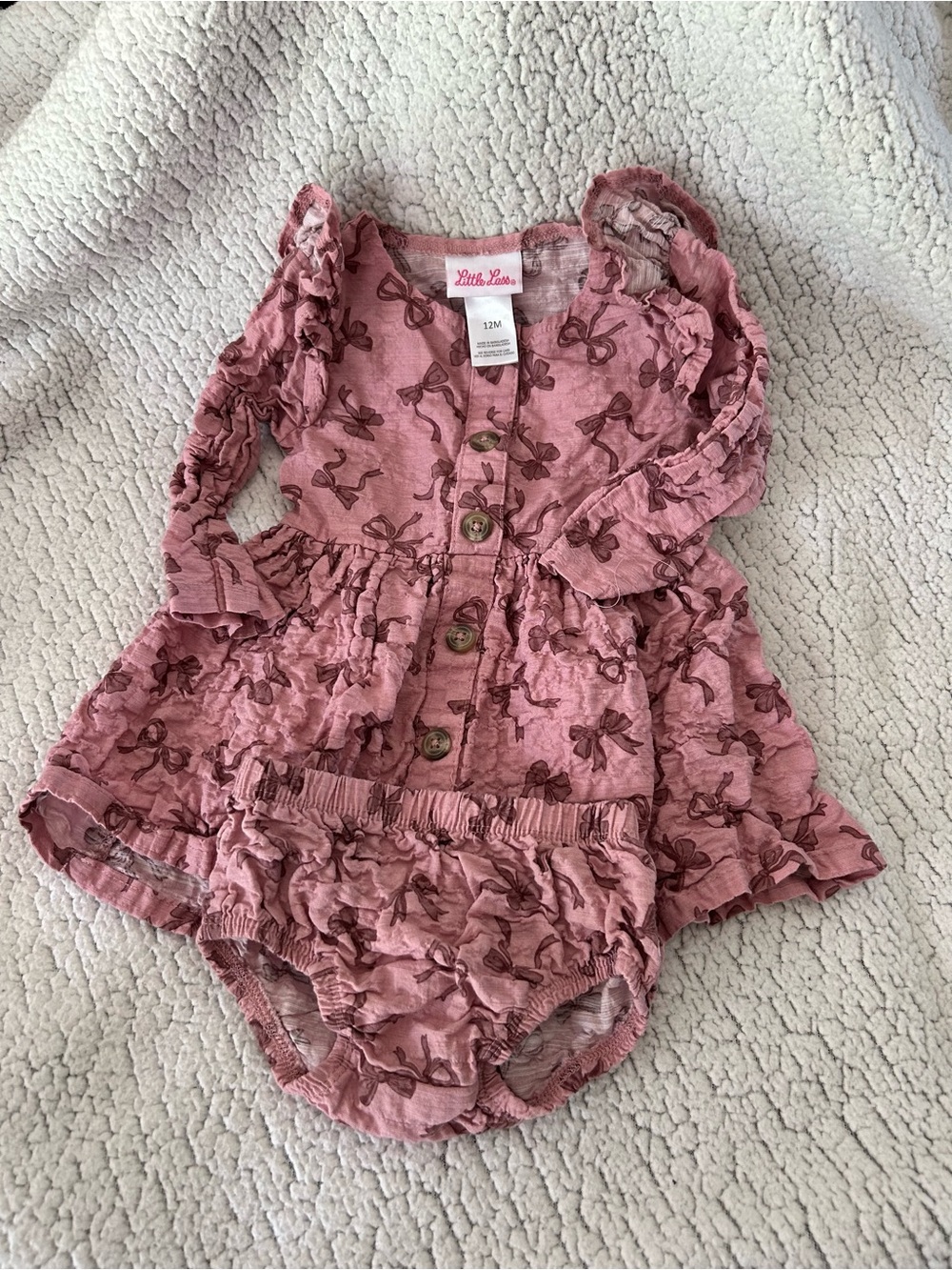 Little Lass Dusty Rose Bow Print Ruffle Dress & Bloomers